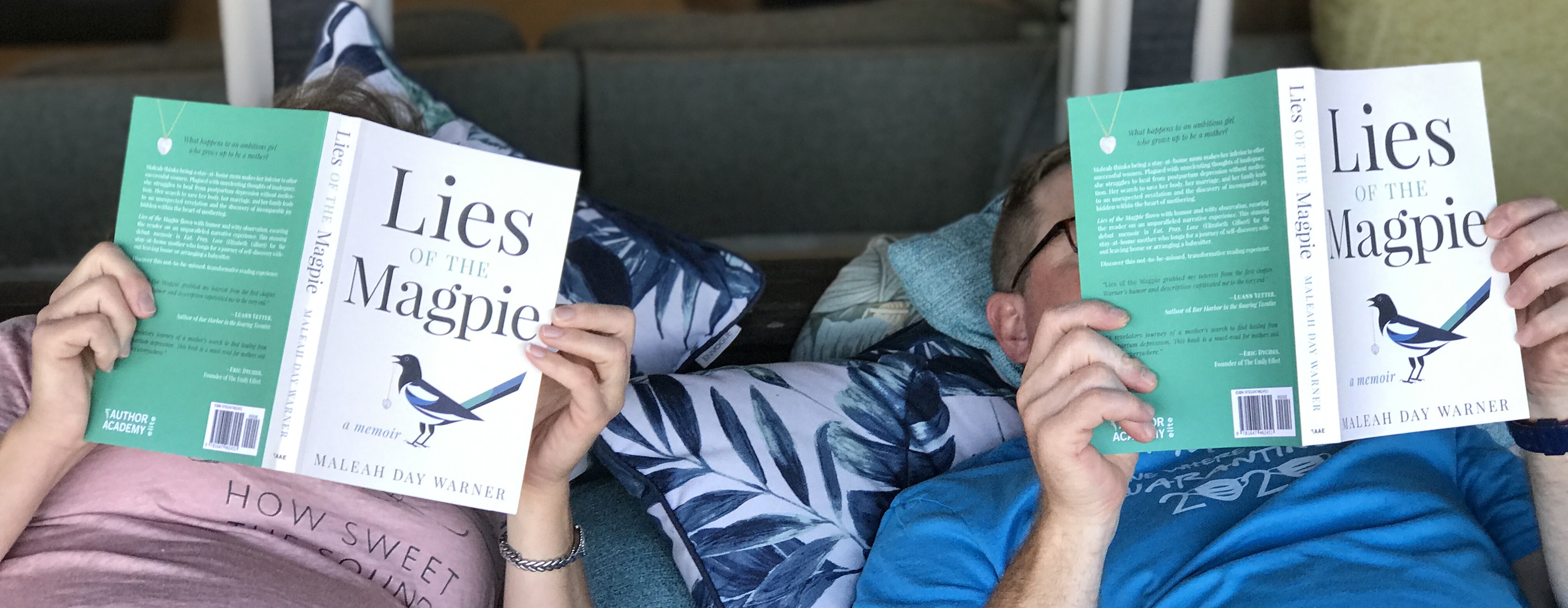 Husband and Wife reading Lies of the Magpie